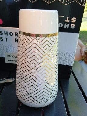 White Ceramic Vase with Gold Geometric Trim